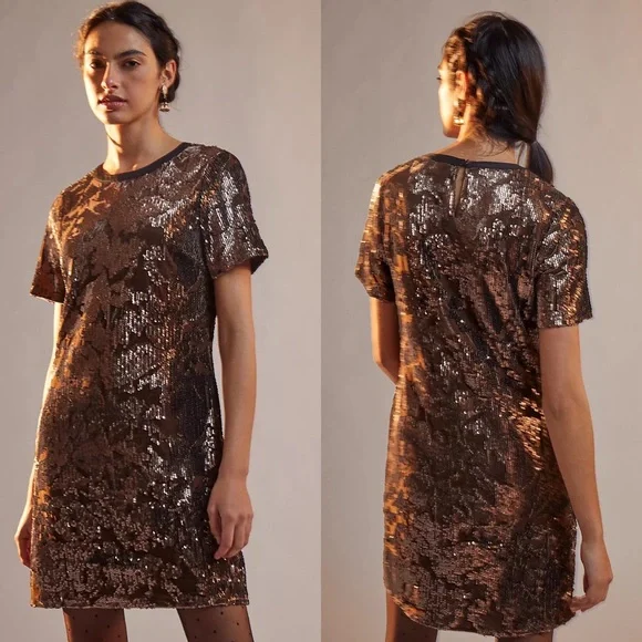 Anthropologie Sequin Mini Dress in Bronze - Picture 1 of 14